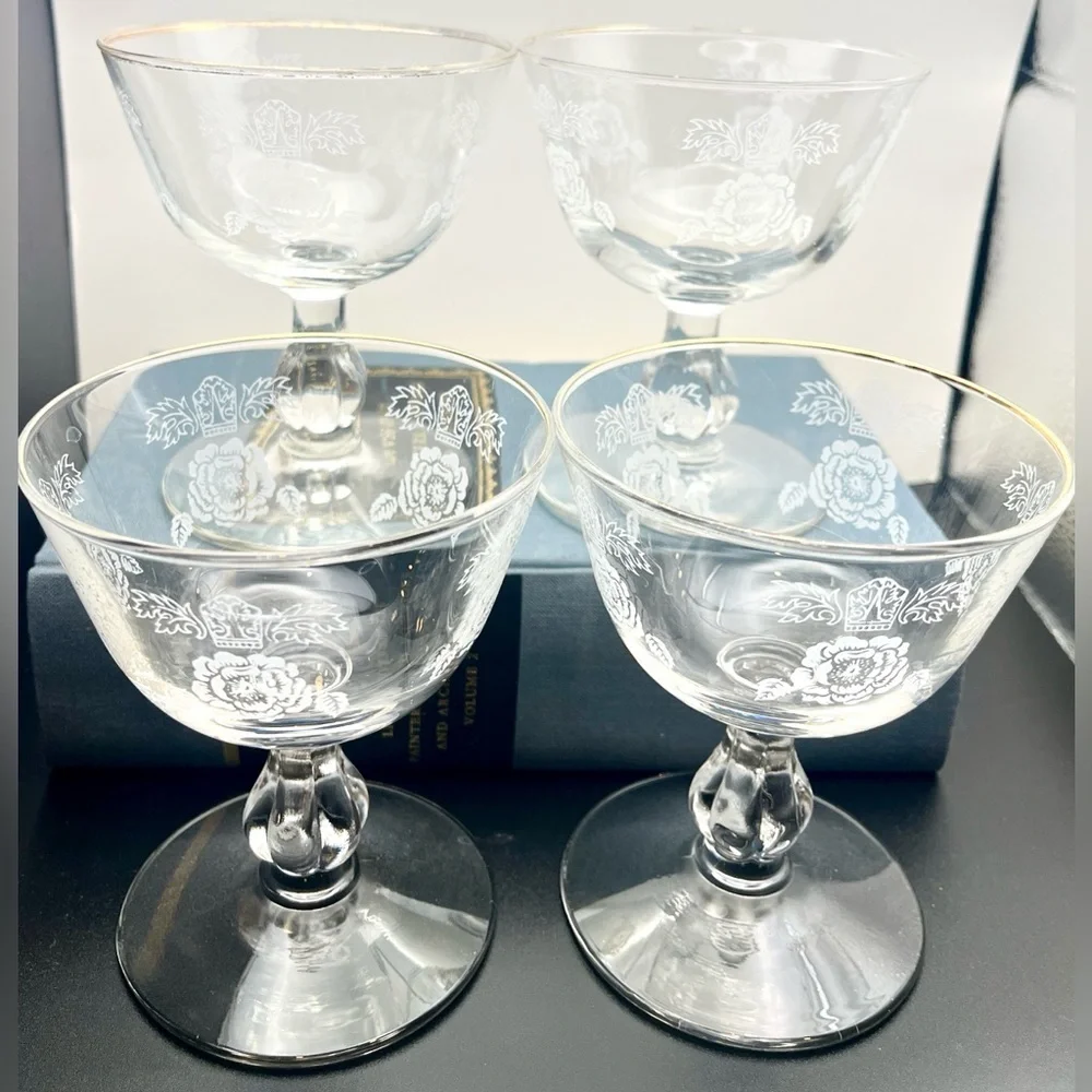 Homer Laughlin 1950’s Queen Esther Rose Floral Etched Sherbert Glasses Set of 4